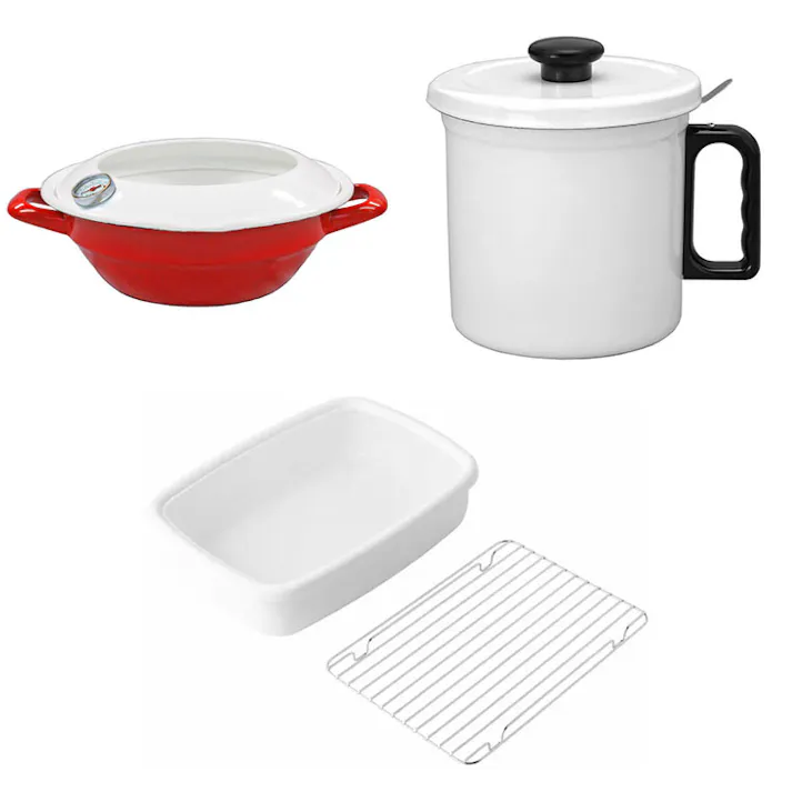 天ぷら鍋 オイルポット 網付きホーロー容器 調理器具 3点セット 富士ホーロー【てんぷら鍋 揚げ鍋 揚げ物 温度計付き IH対応 天ぷらバット 琺瑯】レッド-天ぷら鍋 ホワイト-オイルポット