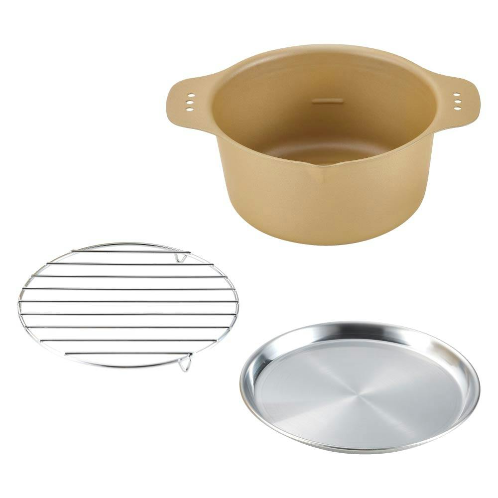 から揚げアゲアゲ鍋 アミ トレイ 3点セット IH対応 ビーワーススタイル【天ぷら鍋 少ない油 ミニ 小型 揚げ鍋 直火 鉄 丸型 日本製】 きつね色