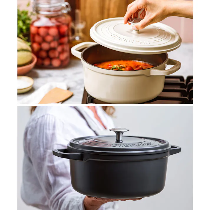 グリーンパン フェザーウェイト ココットラウンド 22cm 3.3L IH対応 ハンドルホルダー付き GREENPAN【両手鍋 キャセロール ココット 軽量 直火 オーブン調理 アルミ セラミックコーティング PFOA PFASフリー フッ素不使用】クリームホワイト
