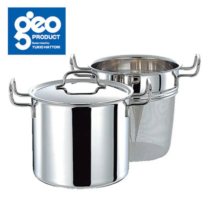 ジオプロダクト パスタポット 21cm メッシュ網付き 6.8L 全面7層構造 宮崎製作所 GEO-21P【IH対応 IH 100V 200V パスタ鍋 両手鍋 深型 深鍋 ステンレス アルミ 調理器具 キッチン用品 日本製】