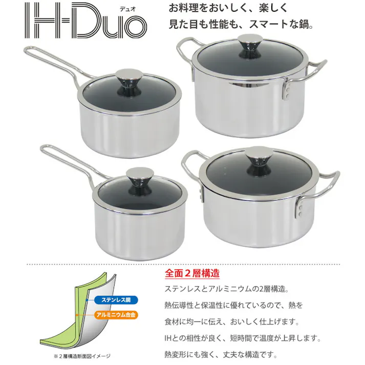 ウルシヤマ金属工業 IH Duo デュオ 片手鍋 16cm ガラス蓋付き IH対応【IH 200V アルミ ステンレス UMIC ユミック ウルシヤマ 日本製】