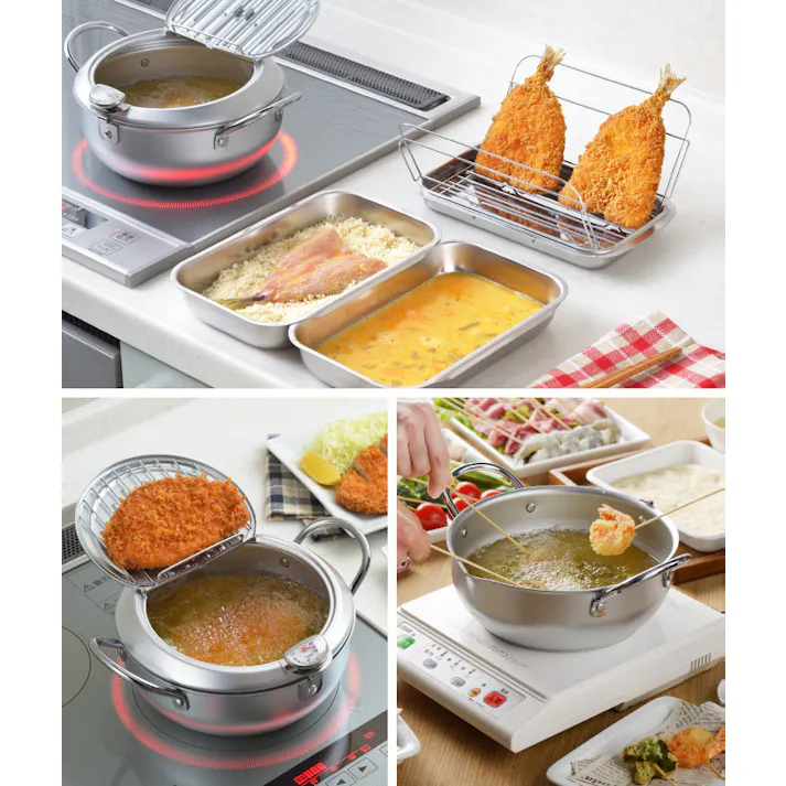 ヨシカワ 味楽亭 II 天ぷら鍋 24cm 温度計付き フタ付 IH対応 SJ1025【揚げ鍋 フライヤー 網付き 鉄 揚げ物 鍋 IH 天ぷら 燕三条 日本製】