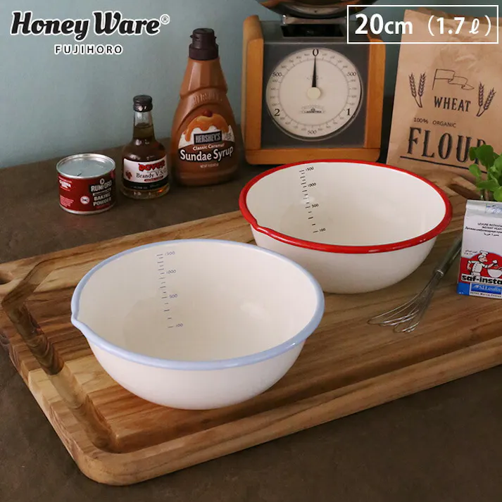 富士ホーロー BMS ビームス ホーロー 片口 ボウル 20cm 1.7L【琺瑯ボール 片口 調理ツール ボール ほうろう 縁赤 縁青 キッチン用品】 ホワイト