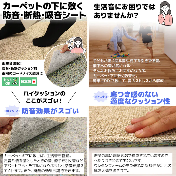 インテリアショップゆうあい カーペットアンダーレイ・ハイクッション(Y)防音・断熱・吸音材シート 10M巻き 約91cm×1000cm 日本製