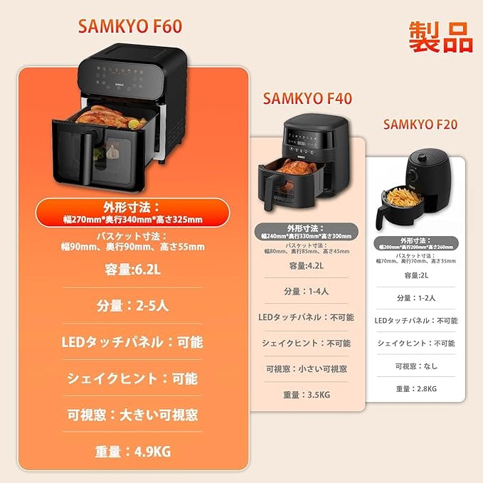 ノンフライヤー 大容量6.2L SAMKYO ノンフライヤー 6.2L 大容量 2-6人用 エアフライヤー