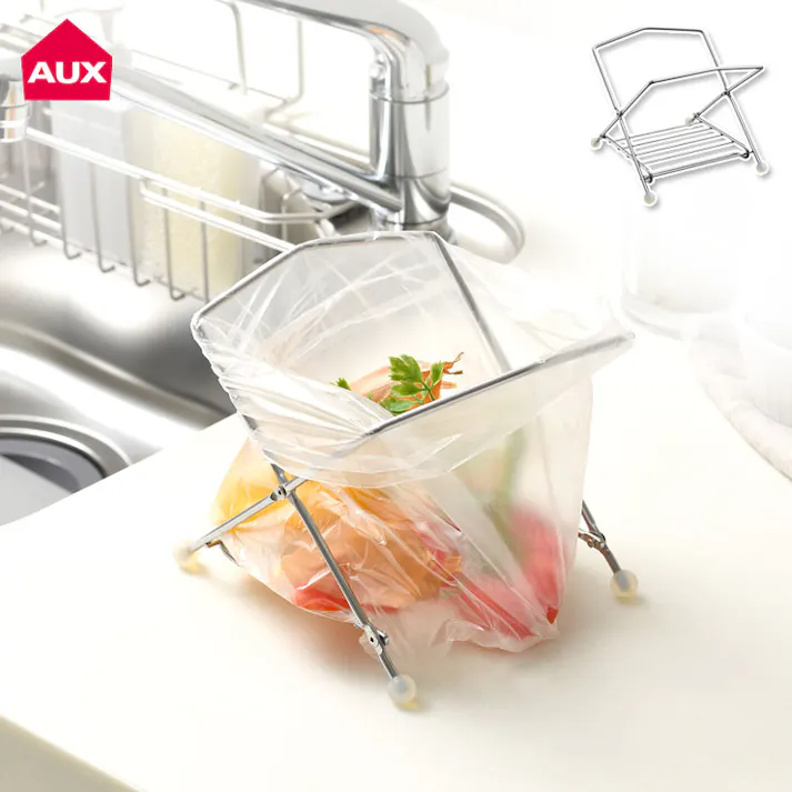 オークス 広口で捨てやすいポリ袋ホルダー ステンレス AUC1406【簡易ごみ箱 生ゴミ入れ 広口 三角コーナー 折りたたみ】