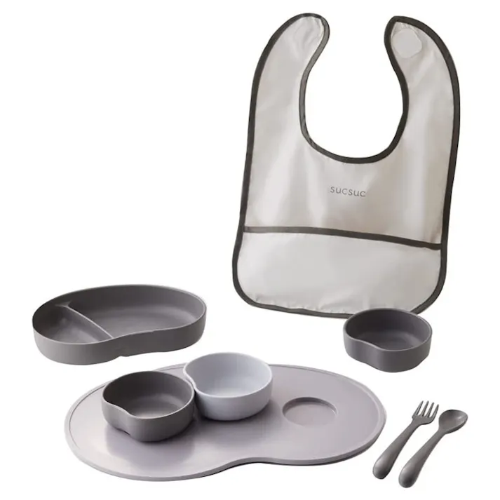 SUCSUC スクスク 子供用食器 ギフトセット 7PC スタイ付き 逸品社 シュガーランド【子供 食器セット ベビー食器セット お食事セット バイオマスプラスチック 抗菌 日本製】 グレー