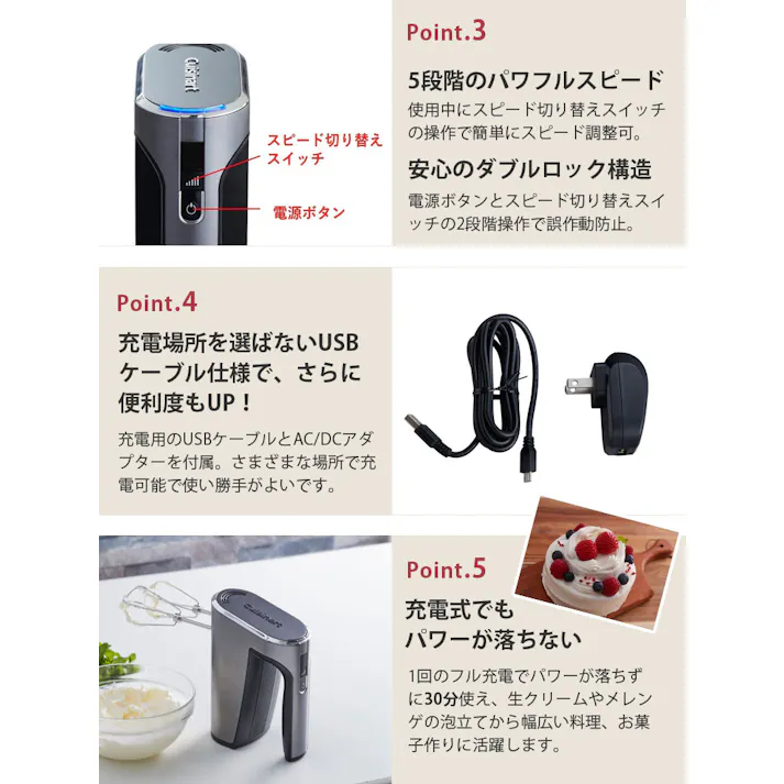 クイジナート コードレス充電式ハンドミキサー RHM-100J Cuisinart Rechargeable Hand Mixer【ミキサー コードレス 充電式 ウィスク ビーター 泡だて器 キッチン家電】