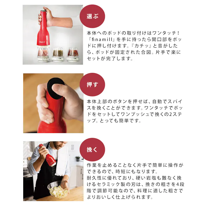 フィナミル 電動スパイスミル finamill LEDライト付き FM-001【電動ミル 塩 胡椒 ソルト ペッパー ミル セット ごまミル スパイスミル 電動 キッチン家電】 ホワイト