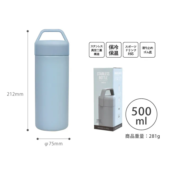 STOS ストス ステンレスボトル 500ml 逸品社 シュガーランド【水筒 保冷 保温 スポーツドリンク対応 ステンレス マグボトル ランチグッズ】 チャコールグレー