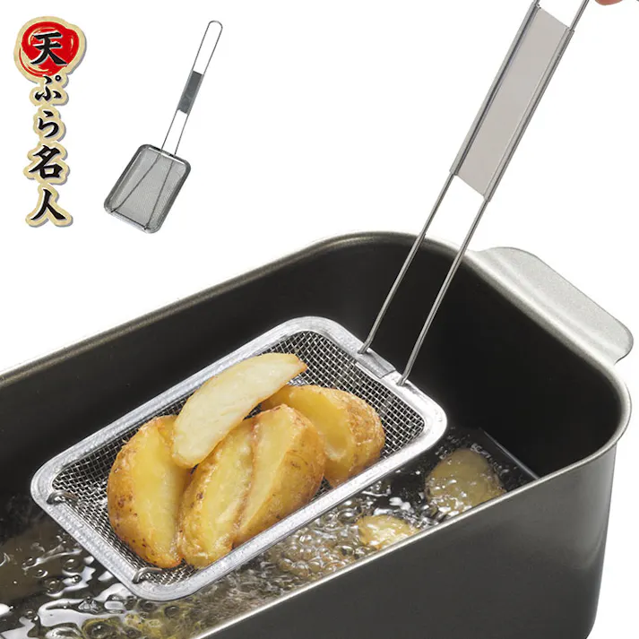 天ぷら名人 すくい油きり 角型 ステンレス TM-09【かす揚げ ステンレスザル 手付きザル 浅型 ざる 取っ手付き 揚げ物 調理ツール 揚げザル 日本製】