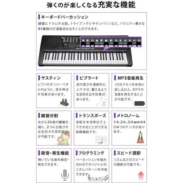 電子キーボード 61鍵盤 光る鍵盤 音色リズム255種 日本語表記 電子ピアノ 自動伴奏 デモ曲 録音 プログラミング機能 音楽再生 練習 楽器 玩具 音楽 発光キー 光るキーボード 初心者 子供 キッズ 入学祝い 新学期 SunRuck