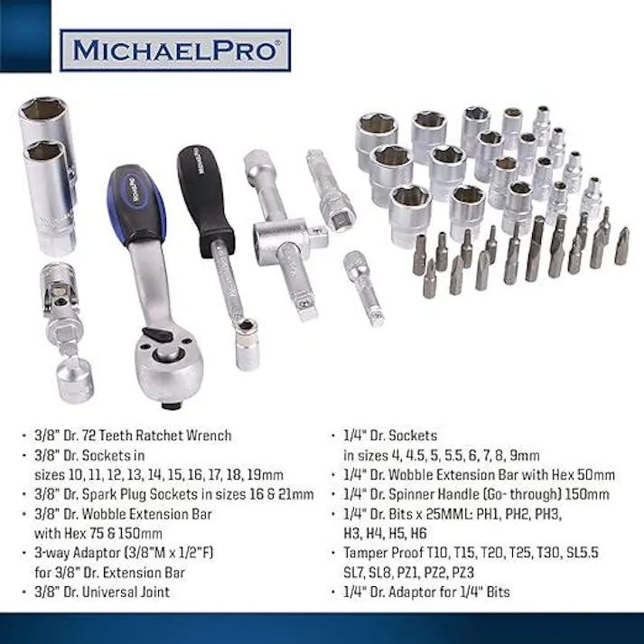 47ピース 1/4 & 3/8インチ 72T ラチェットレンチソケットセット 六角形付きウォブル延長ロッド ユニバーサルジョイント ツイストハンドル アダプター 収納ケース付き マイケルプロ MP005012 工具 整備用品 メンテナンス 修理 DIY 自動車 軽自動車 大型車