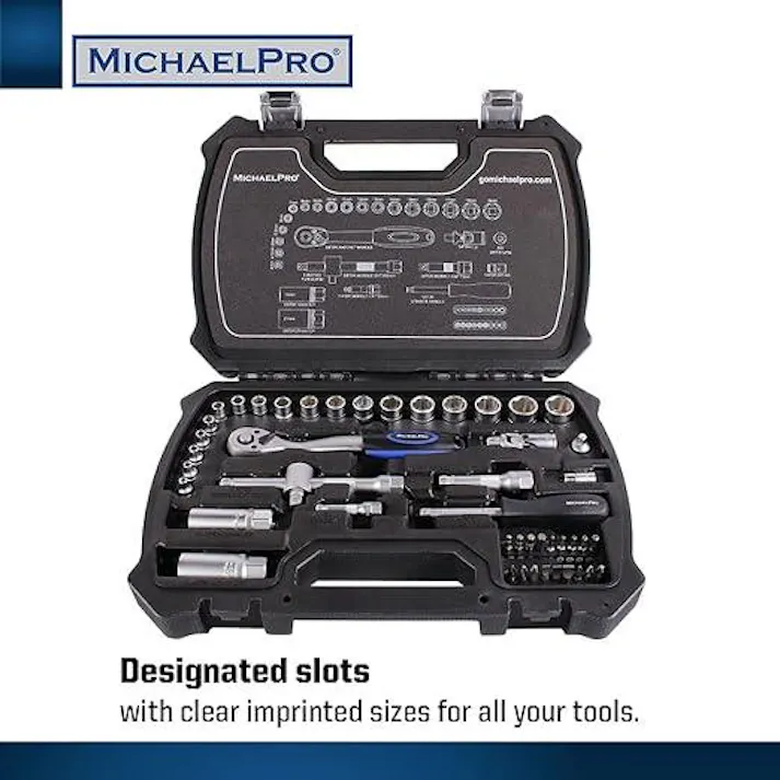 47ピース 1/4 & 3/8インチ 72T ラチェットレンチソケットセット 六角形付きウォブル延長ロッド ユニバーサルジョイント ツイストハンドル アダプター 収納ケース付き マイケルプロ MP005012 工具 整備用品 メンテナンス 修理 DIY 自動車 軽自動車 大型車