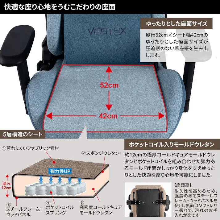 VESTEX(ベステックス) ゲーミングチェア フットレスト付 ブルー ファブリック ポケットコイル入り 低座面 振動機能付きランバーサポート 背面ポケット付 3Dワイドアーム VES-S1FTBL