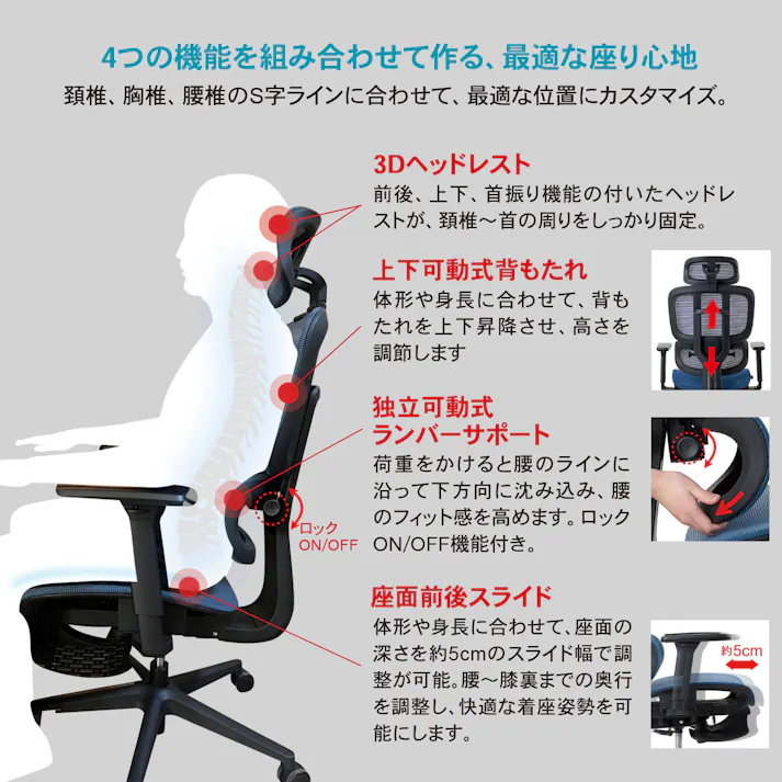 ROOM WORKS (ルームワークス) M5 多機能フルメッシュワークチェア デスクチェア オフィスチェア PCチェア 低座面 エラストマーメッシュ シートスライド フットレスト RM5-RD レッド