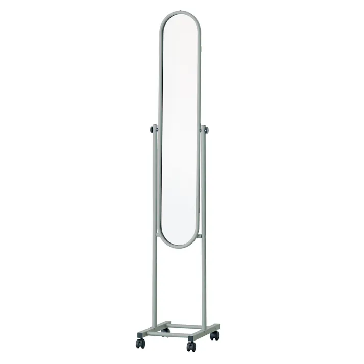【パイプスタンドミラー(キャスター付)(グレー)】 幅30cm×高さ157cm ミラー 鏡 姿見 スリム スタンドミラー 全身 韓国インテリア 角度調節可能 組立品