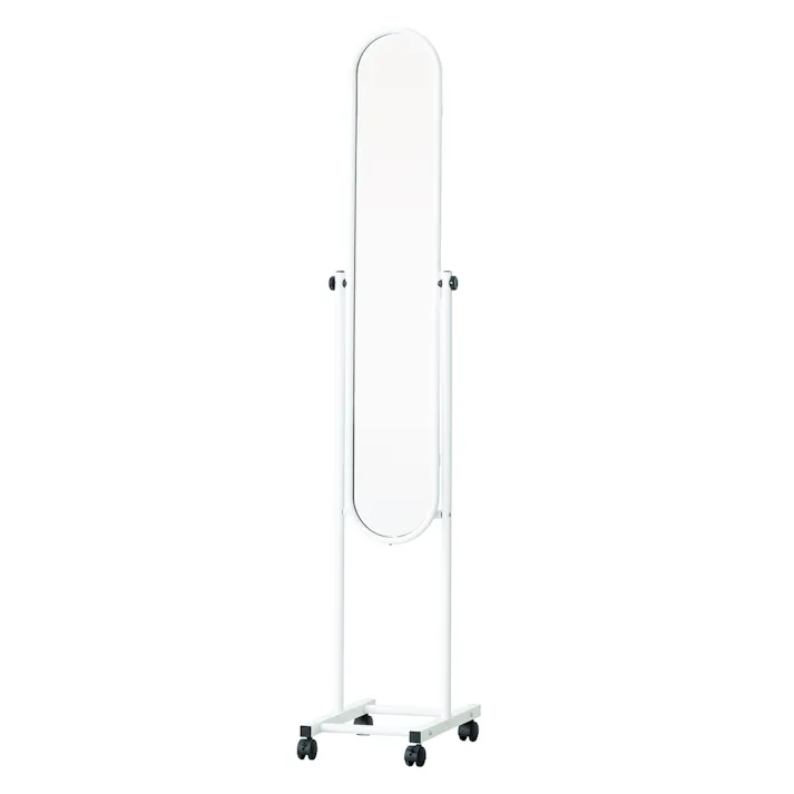 【パイプスタンドミラー(キャスター付)(ホワイト)】 幅30cm×高さ157cm ミラー 鏡 姿見 スリム スタンドミラー 全身 韓国インテリア 角度調節可能 組立品