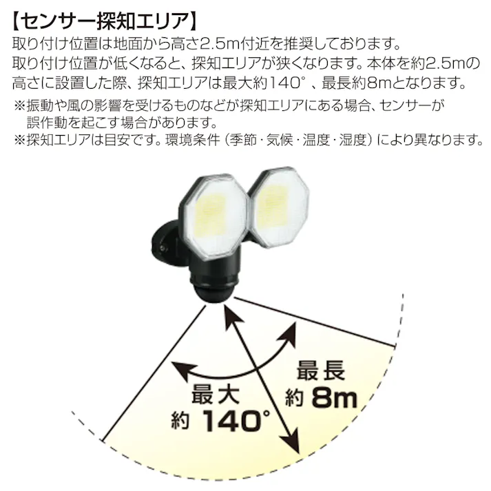 大進 センサーライト AC 100V コンセント式 屋外用 2灯式 LED 防雨 人感 暗くなると点灯 防犯ライト DLA-18T200