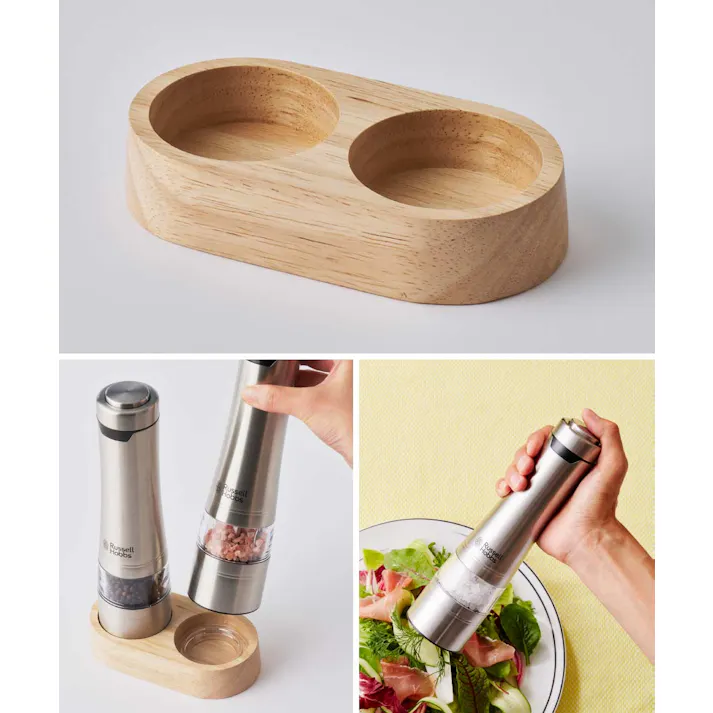 ラッセルホブス 電動ミル ソルト&ペッパー 2本 ウッドスタンド セット Russell Hobbs 7923JP【ソルト ペッパー ミル 電動 胡椒 塩 スパイスミル ハーブミル 岩塩 セラミック刃 キッチン家電】