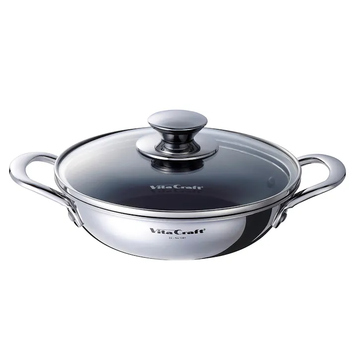 ビタクラフト テーブルパン 18cm ガラス蓋付き NO.1361 浅型 両手鍋 ガス火 IH対応【卓上鍋 浅型鍋 無水調理 調理器具 ステンレス アルミ 全面2層構造】