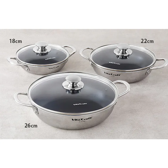 ビタクラフト テーブルパン 18cm ガラス蓋付き NO.1361 浅型 両手鍋 ガス火 IH対応【卓上鍋 浅型鍋 無水調理 調理器具 ステンレス アルミ 全面2層構造】