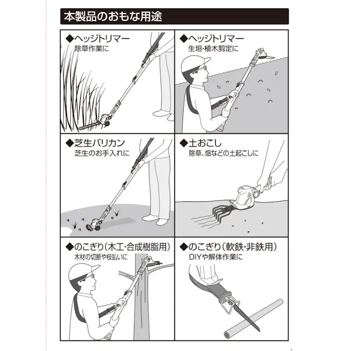 4WAYガーデンマジック ヘッジトリマー 芝刈り ノコギリ 土起こし 高枝 充電式 バッテリー式 4570000081669