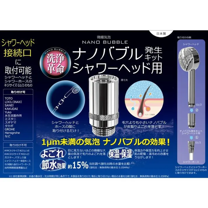 ナノバブル発生キット シャワーヘッド用 日本製 シャワー用アダプター 取付簡単 節水効果 日本電興 ND-NBSH