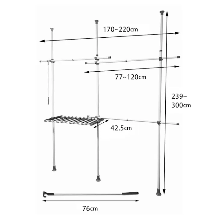 突っ張り棒 ハンガーラック 2段 幅170-220cm 伸縮 耐荷重100kg 高さ調節 天井突っ張り式 つっぱり棒 ロング ポールハンガー 強力 服 衣類 収納 部屋干し 室内物干し 物干し竿 洗濯物 一人暮らし 新生活 白 ホワイト SunRuck SR-TH03SL