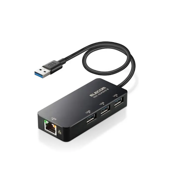 LANアダプター 有線 タイプA Giga USBハブ付 (USB-A×3) USB3.2(Gen1)/3.1(Gen1)/3.0 ブラック