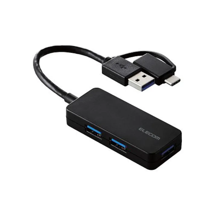 USB ハブ USB3.1 Gen1 バスパワー コンパクト ケーブル長10cm ブラック