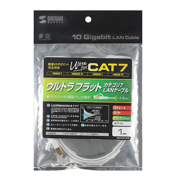 CAT7ウルトラフラットLANケーブル(1m)(ホワイト) KB-FLU7-01W メーカー在庫品