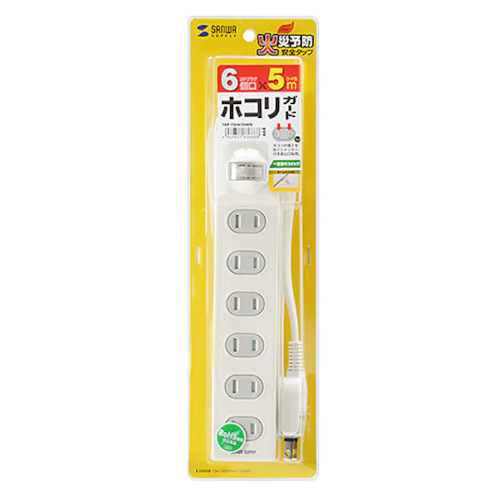 火災予防安全タップ 2P・6個口 ホワイト 5m TAP-TSH65SWN メーカー在庫品
