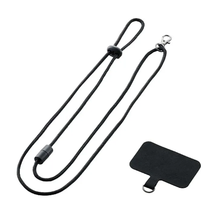 スマホ汎用外付けストラップホール/ネックストラップ付き ブラック