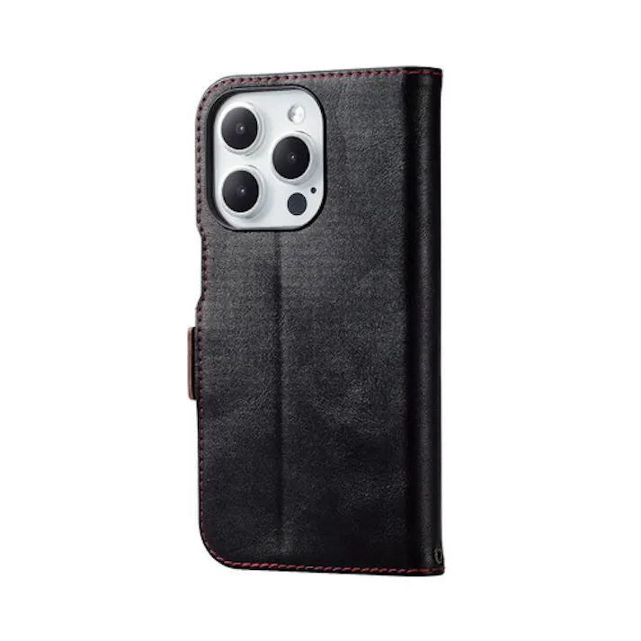 iPhone 15 Pro ソフトレザーケース 手帳型 磁石付 耐衝撃 ステッチ ブラッ