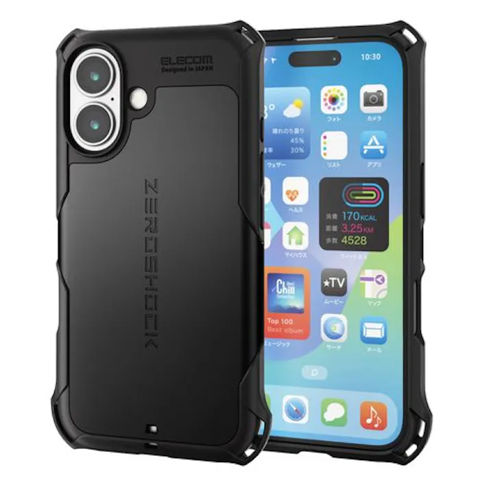 iPhone 16 ケース ハイブリッド 衝撃吸収 カメラレンズ保護設計 ストラップホール付 フィルム付 ZEROSHOCK ブラック