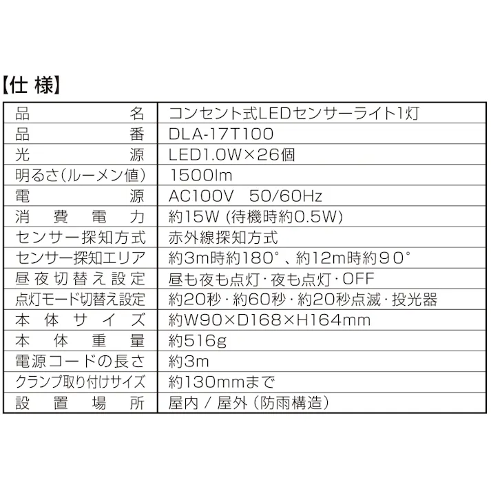2台セット 大進 人感 センサーライト AC 100V コンセント式 屋外用 1灯式 LED 防雨 防犯ライトDLA-17T100