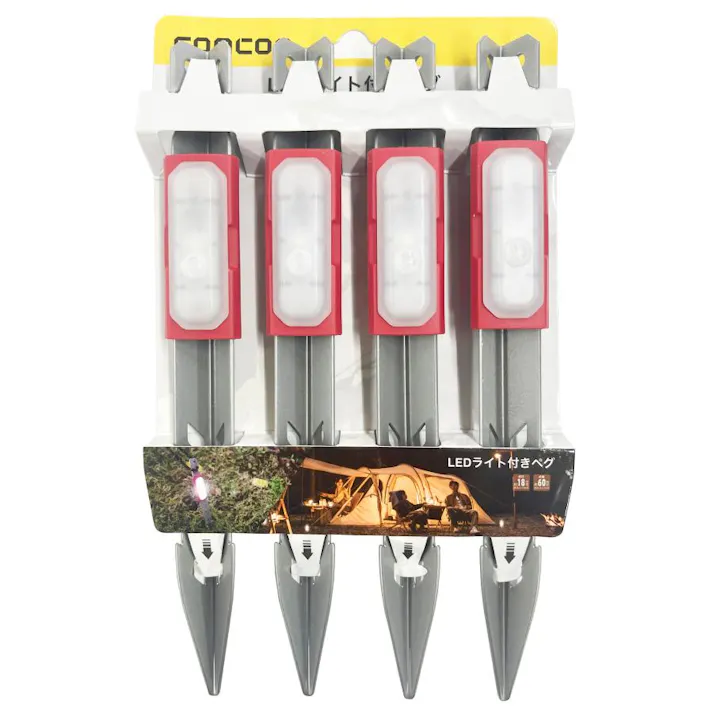 comcon LED ライト 付き ペグ 【4本セット】 ペグセット キャンプ テント ロープ LED ライト ロープライト 防水 ペグセット アウトドア キャンプ設営用具 キャンプ 夜間 転倒防止 おしゃれ 屋内屋外照明 ペグ スチール テント ペグ