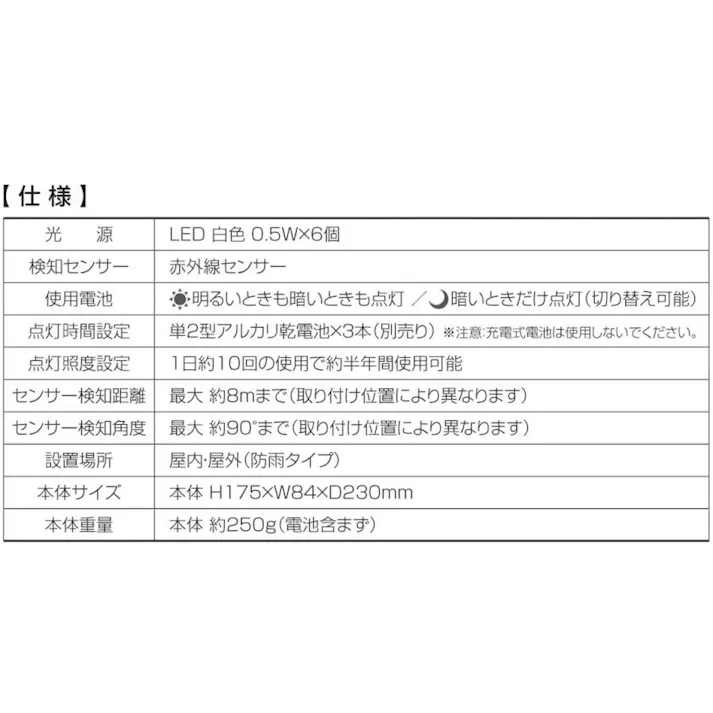 【 防犯対策におススメ 】 大進 カメラに見える センサーライト 屋外 用 led 電池 防犯ライト センサーライト 外灯 乾電池式センサーライト センサーライト 人感 ledセンサーライト 屋外 人感センサーライト ガーデンライト 駐車場 4939736900635
