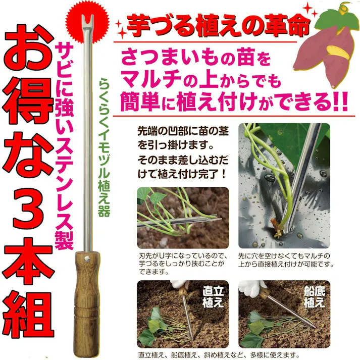 お得な3本セット 大進 らくらくイモヅル植え器 大進 さつまいも 植え付け 器 苗 マルチ らくらくイモヅル植え器 ステンレス 芋 イモ 芋づる イモツル マルチ 園芸 農業 女性 庭 農作業 家庭菜園 用具 工具 挿し 棒 イモ・苗挿し棒 4939736702383-3