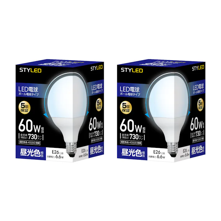 2個セット スタイルド(STYLED) LED電球 E26 ボール電球形 60W形相当 昼光色 広配光 HDG60D2