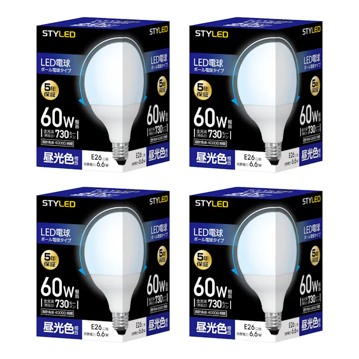 4個セット スタイルド(STYLED) LED電球 E26 ボール電球形 60W形相当 昼光色 広配光 HDG60D4