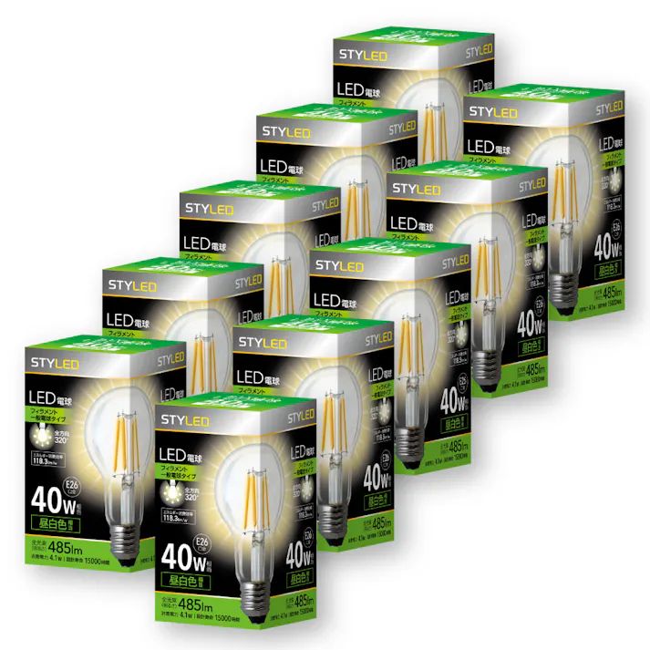 10個セット スタイルド(STYLED) LED電球 クリア電球 E26 40W形相当 昼白色 一般電球形 全方向 HDAC40N10