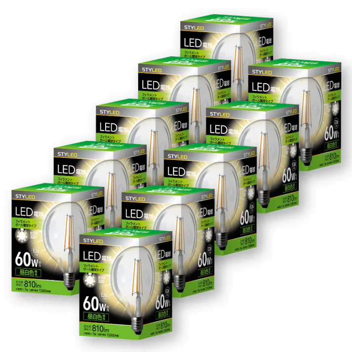10個セット スタイルド(STYLED) LED電球 クリア電球 ボール形 E26 60W形相当 昼白色 全方向 HDGC60N10