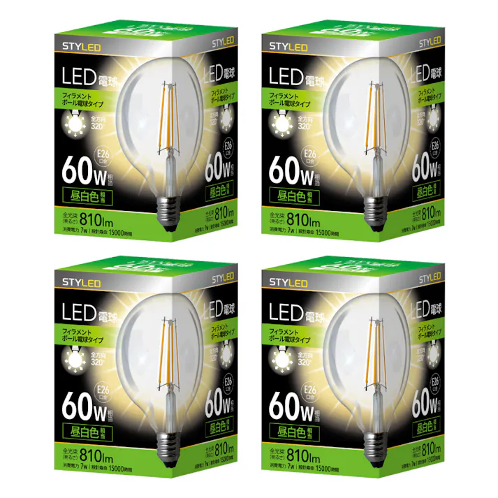 4個セット スタイルド(STYLED) LED電球 クリア電球 ボール形 E26 60W形相当 昼白色 全方向 HDGC60N4