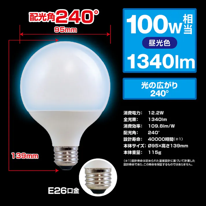 スタイルド(STYLED) LED電球 E26 ボール電球形 100W形相当 昼光色 広配光 HDG100D1