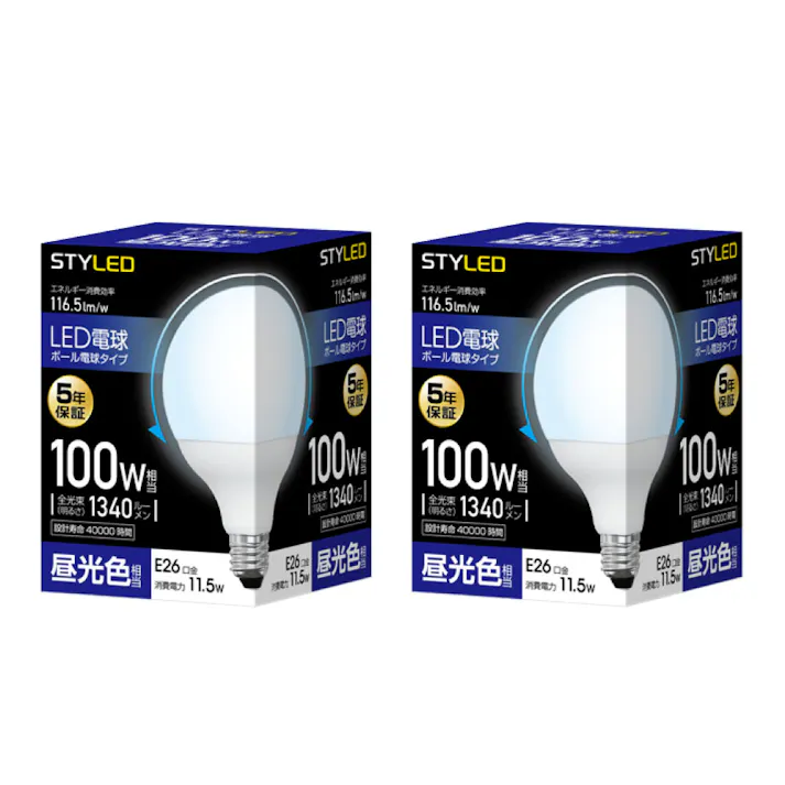 2個セット スタイルド(STYLED) LED電球 E26 ボール電球形 100W形相当 昼光色 広配光 HDG100D2