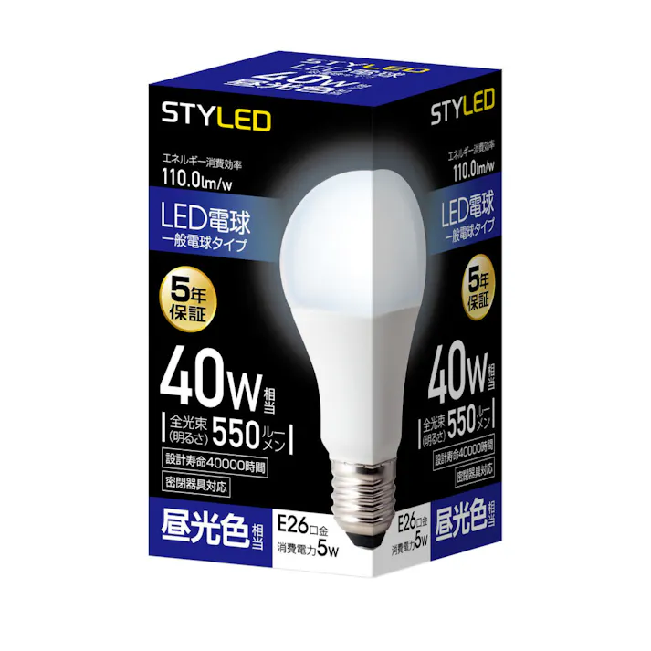 スタイルド(STYLED) LED電球 E26 40W形相当 昼光色 一般電球形 広配光 密閉器具対応 HA4T26D1