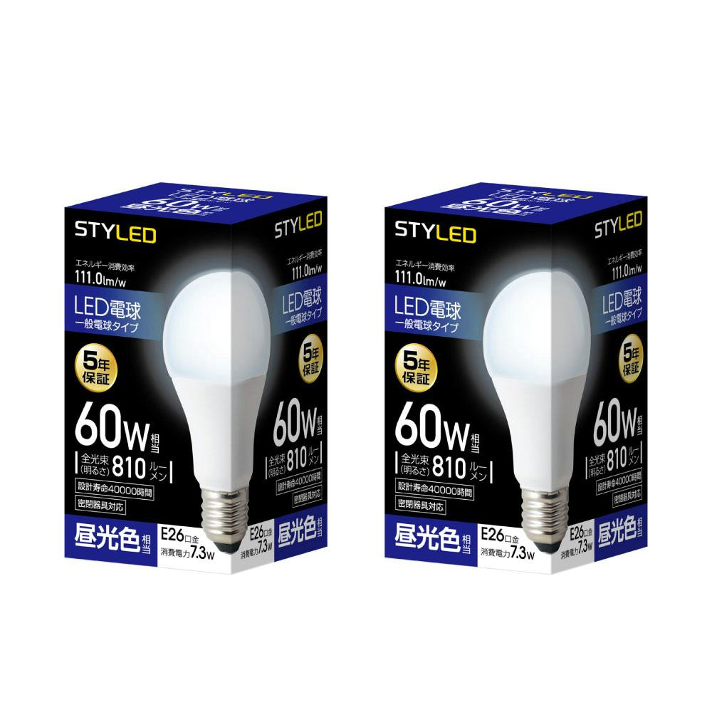 2個セット スタイルド(STYLED) LED電球 E26 60W形相当 昼光色 一般電球形 広配光 密閉器具対応 HA6T26D2 LED電球 2個セット スタイルド(STYLED) LED電球 E26 60W形相当 昼光色 一般電球形 広配光 密閉器具対応 HA6T26D2 LED電球