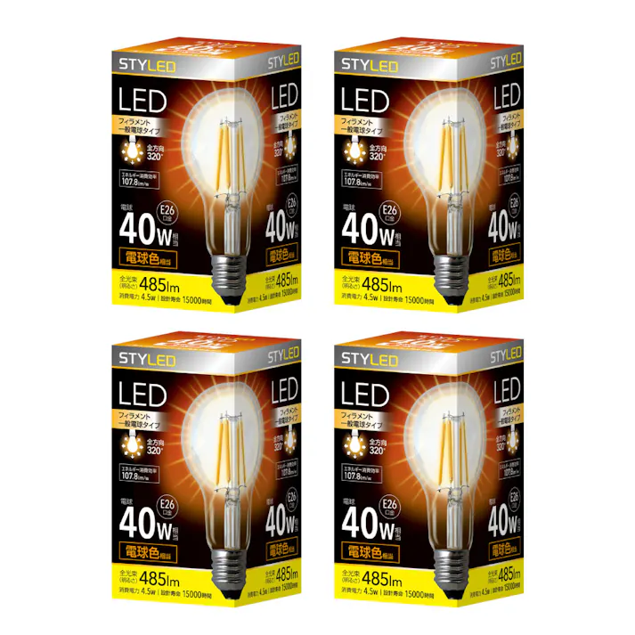 4個セット スタイルド(STYLED) LED電球 クリア電球 E26 40W形相当 電球色 一般電球形 全方向 HDAC40L4
